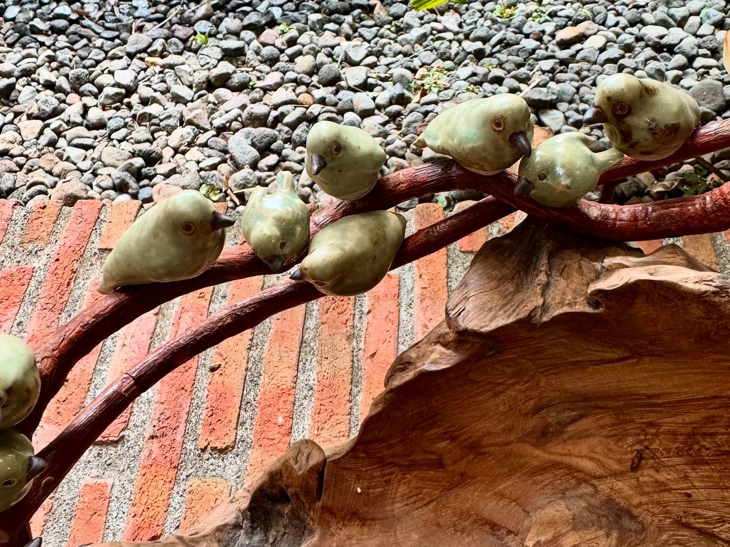Teak Wood Bowl with Ceramic Birds on Roots Tabletop