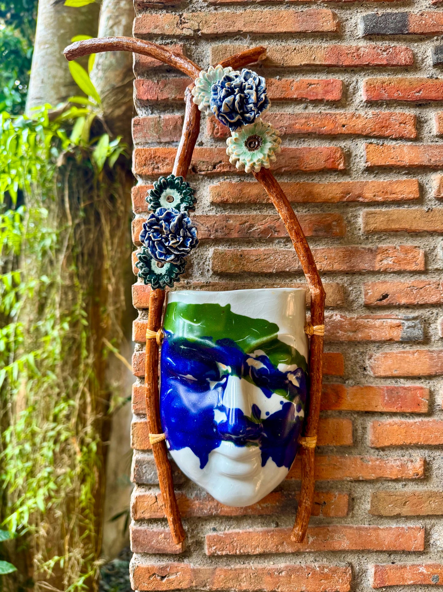 Mask w/ Flowers Wall Hang (Blue & Green on White Glaze)