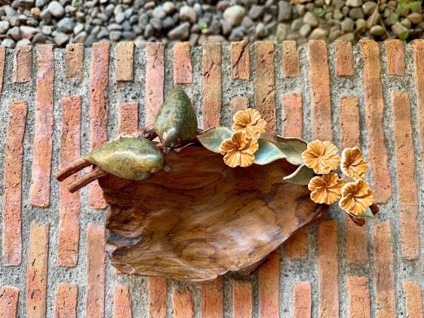 Teakwood Bowl with Ceramic Birds and Flowers Tabletop