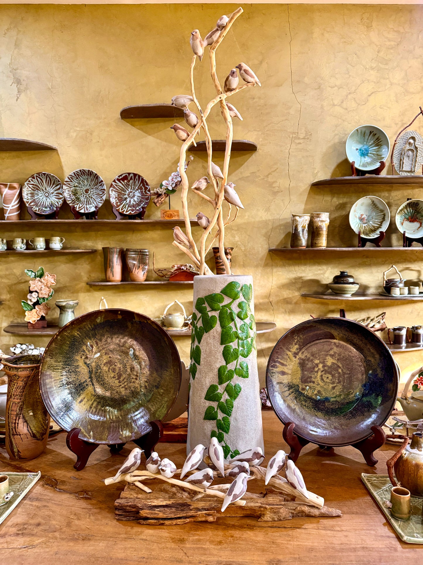 Hand-painted Woodstone Vase with Birds on Roots