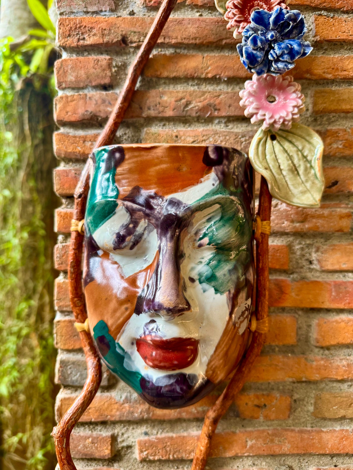 Mask w/ Flowers Wall Hang (Multicolored Glaze)