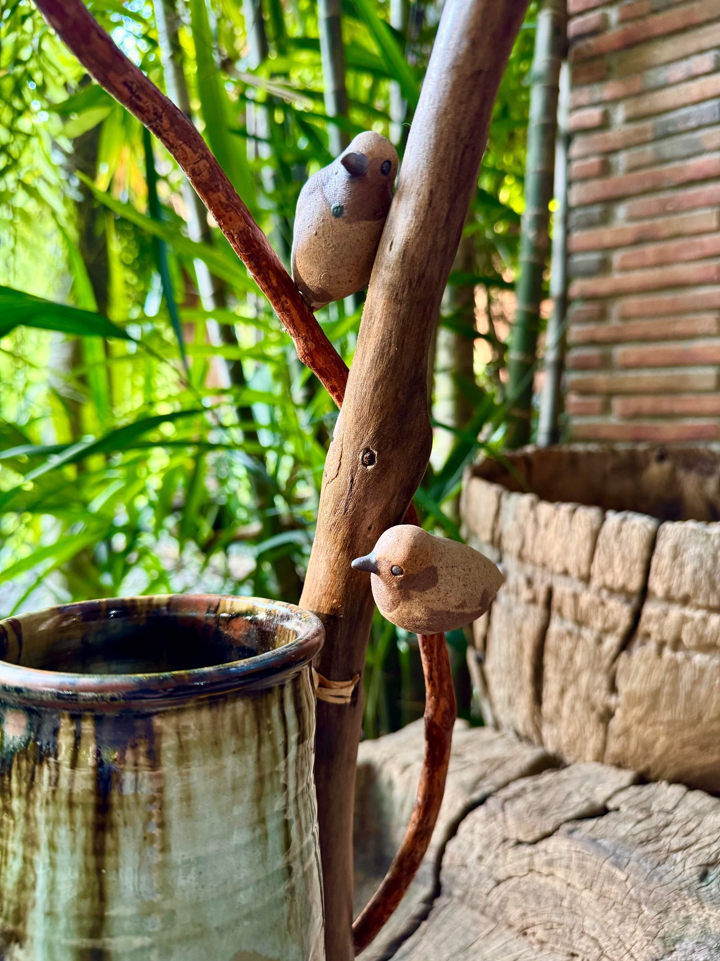 Birds on Vines and Driftwood Vase