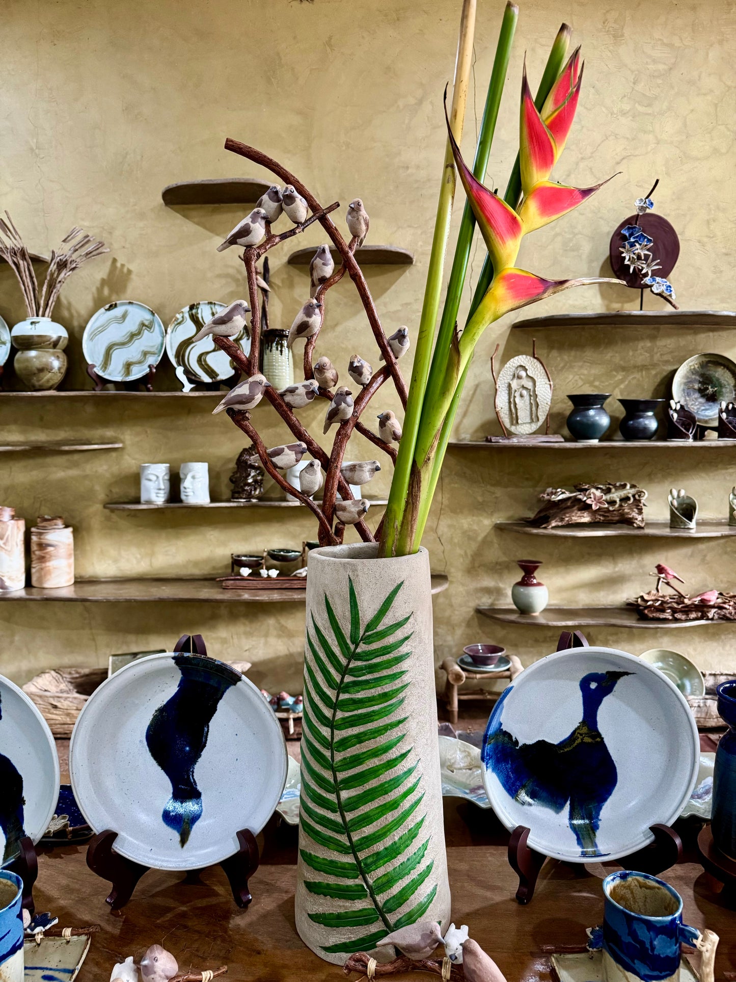 Hand-painted Woodstone Vase with Birds on Vines