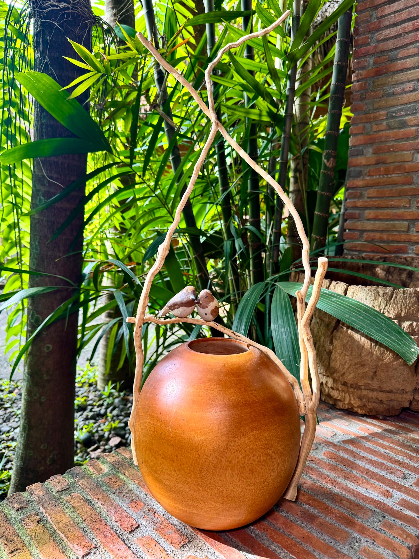 Teakwood Vase with Ceramic Birds