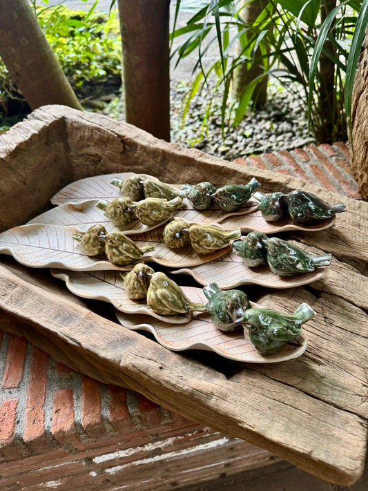 Celadon Birds on Leaf Coaster / Candle Holder / Paper Weight / Tabletop