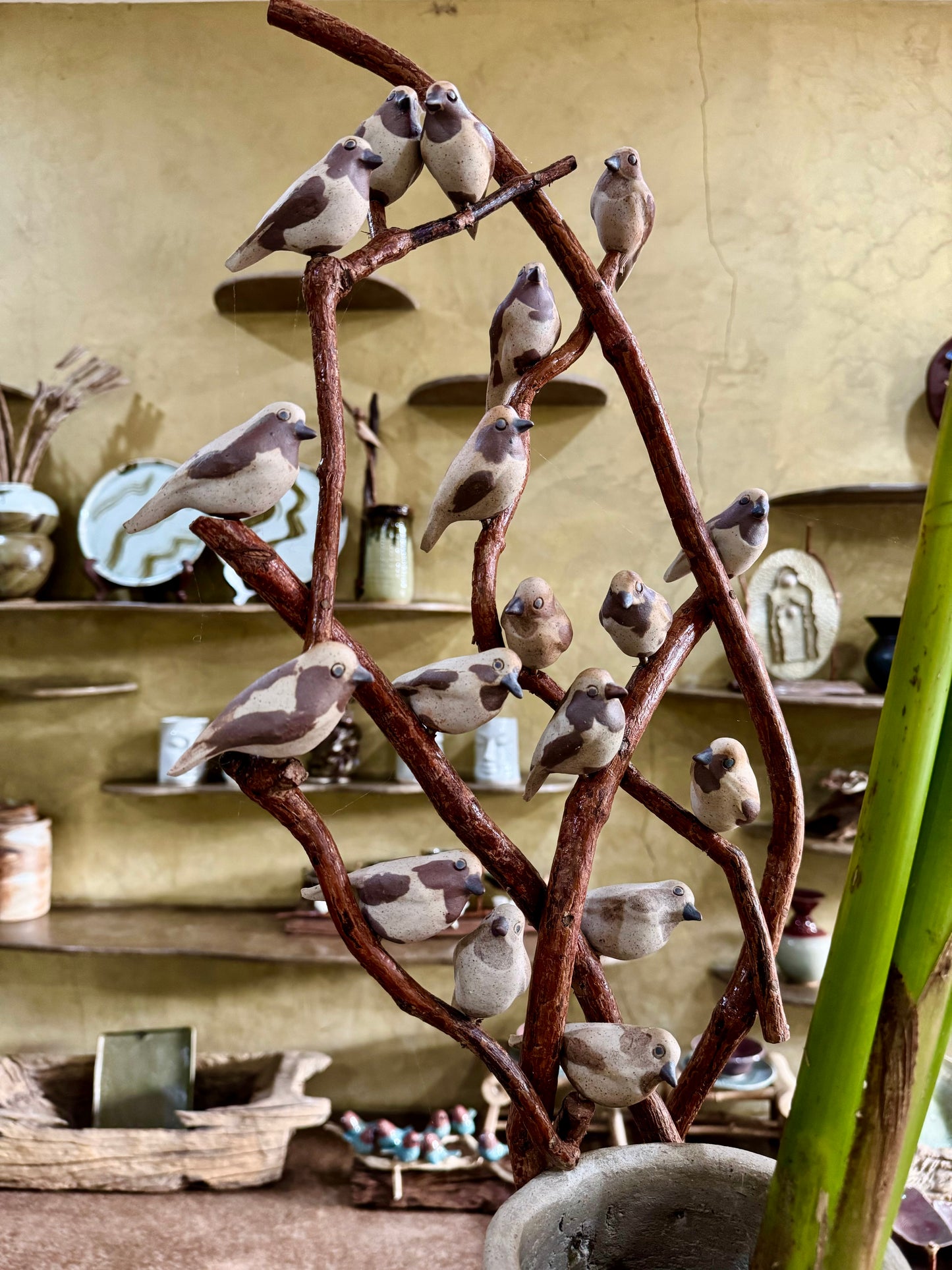 Hand-painted Woodstone Vase with Birds on Vines