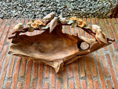 Teakwood Bowl with Ceramic Birds and Flowers Tabletop