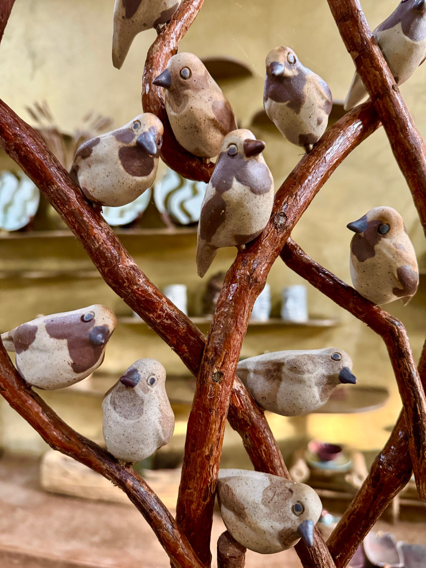 Hand-painted Woodstone Vase with Birds on Vines