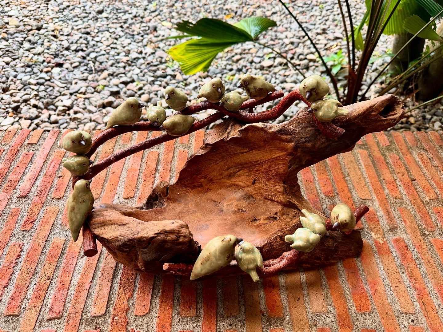 Teak Wood Bowl with Ceramic Birds on Roots Tabletop