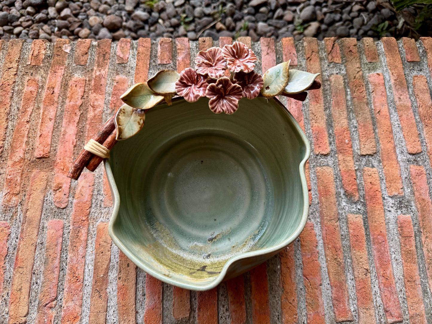 Red Gumamela on Vines Celadon Bowl (Large)