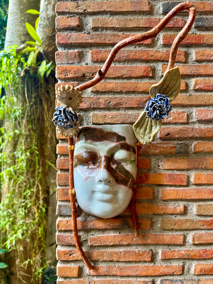 Mask w/ Flowers Wall Hang (Reddish Brown on White Glaze)