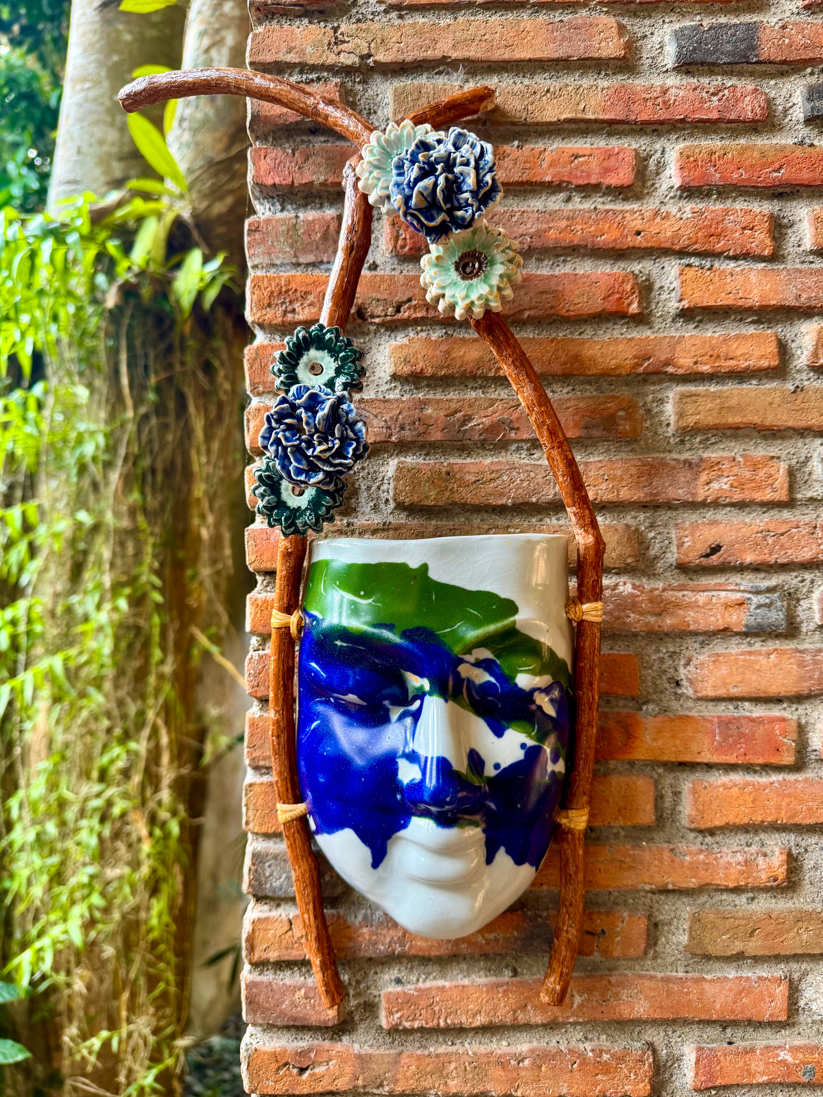 Mask w/ Flowers Wall Hang (Blue & Green on White Glaze)