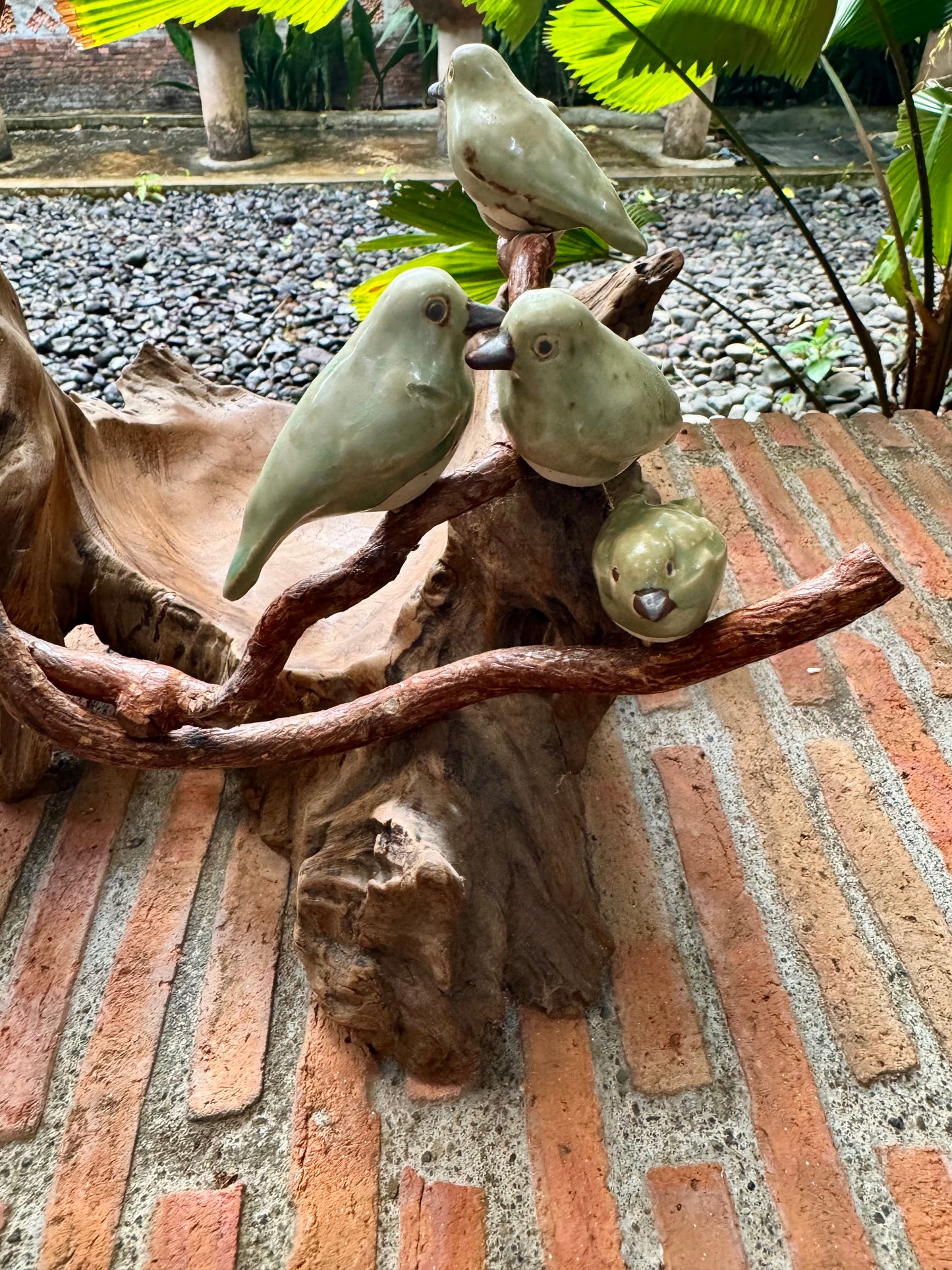 Teak Wood Bowl with Ceramic Birds on Roots Tabletop