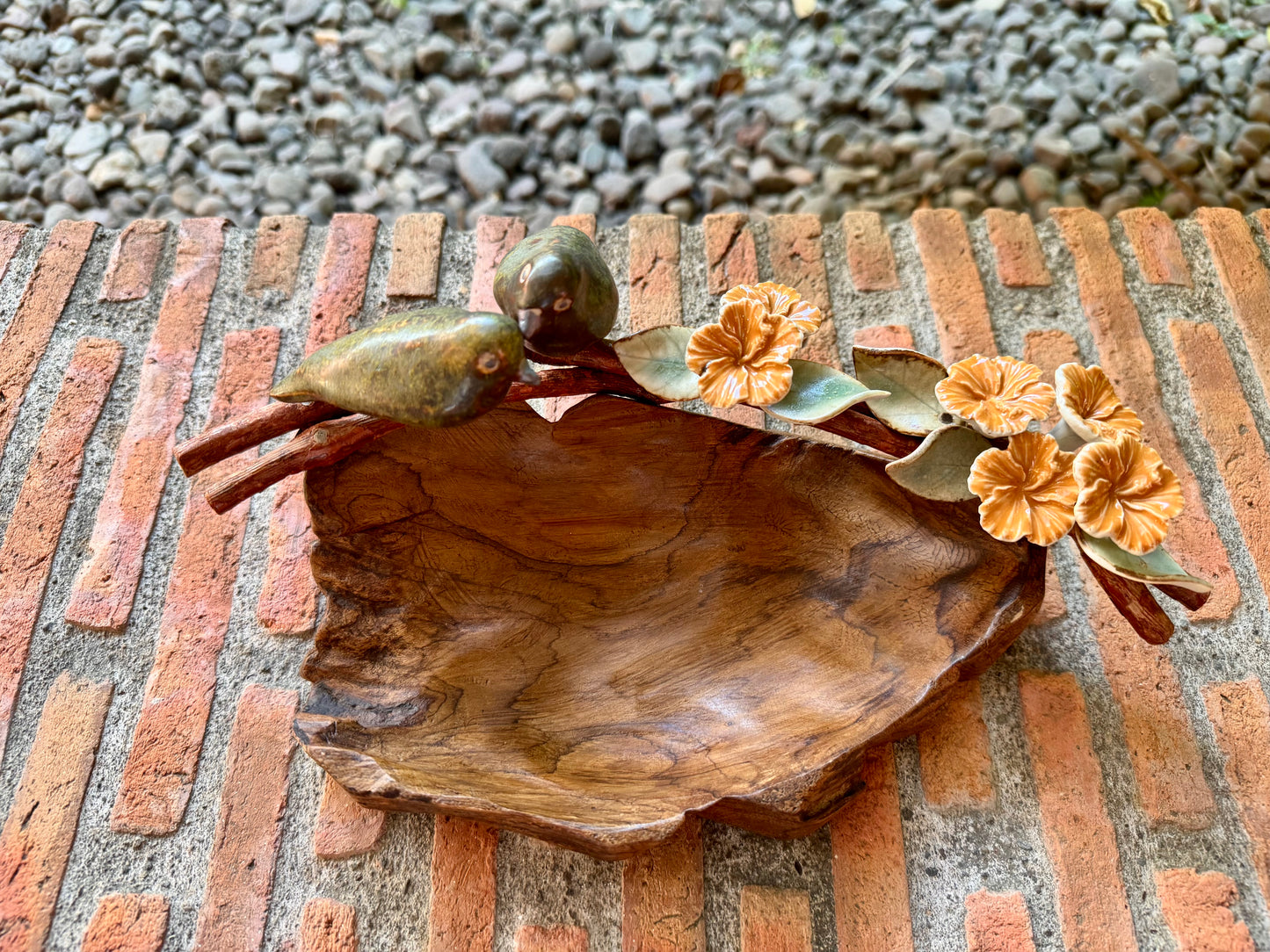 Teakwood Bowl with Ceramic Birds and Flowers Tabletop