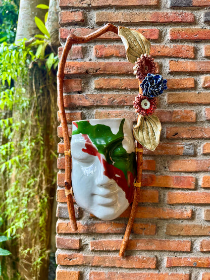 Mask w/ Flowers Wall Hang (Red & Green on White Glaze)