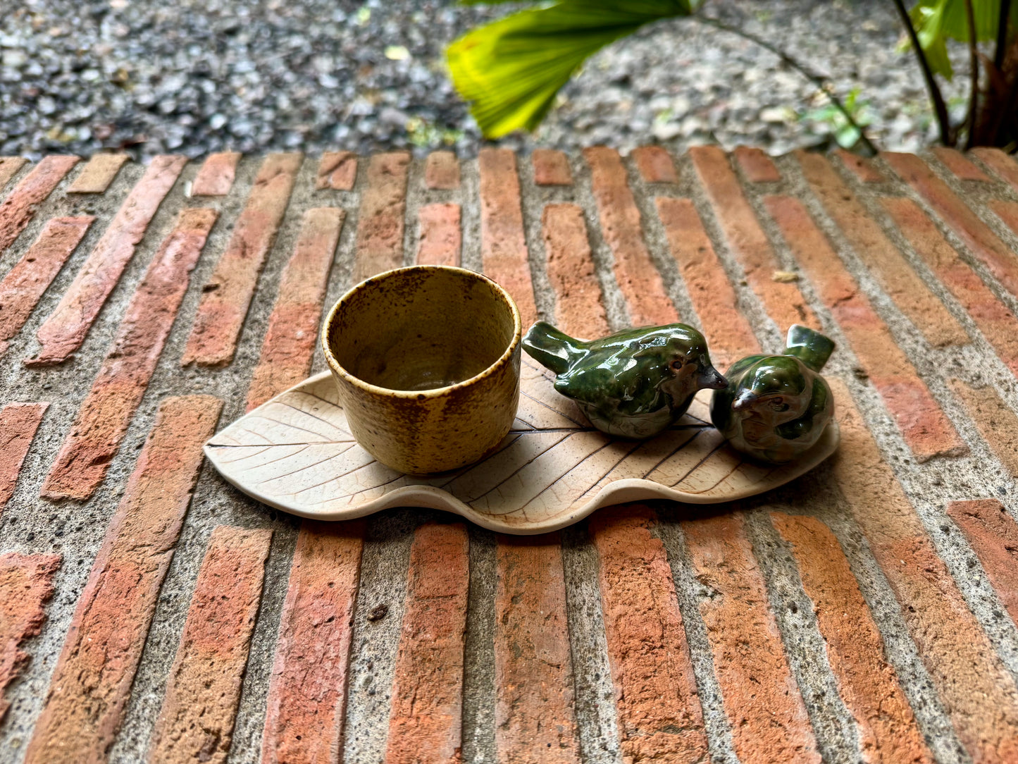 Green Birds on Leaf Coaster / Candle Holder / Paper Weight / Tabletop