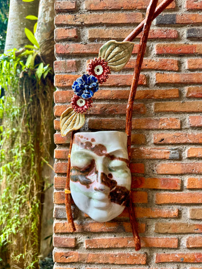 Mask w/ Flowers Wall Hang (Reddish Brown on White Glaze)