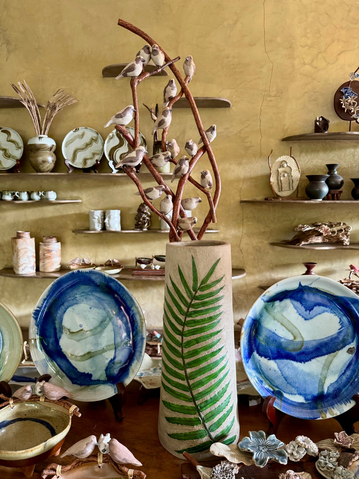 Hand-painted Woodstone Vase with Birds on Vines