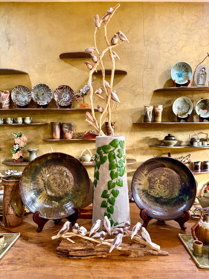 Hand-painted Woodstone Vase with Birds on Roots