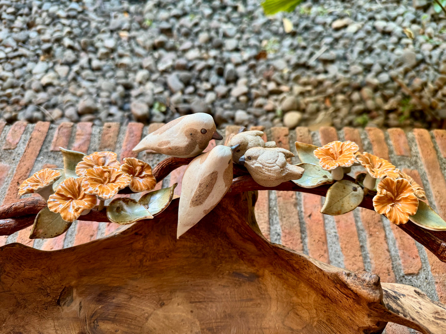Teakwood Bowl with Ceramic Birds and Flowers Tabletop
