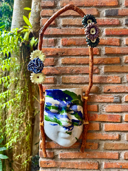 Mask w/ Flowers Wall Hang (Blue & Green on White Glaze)