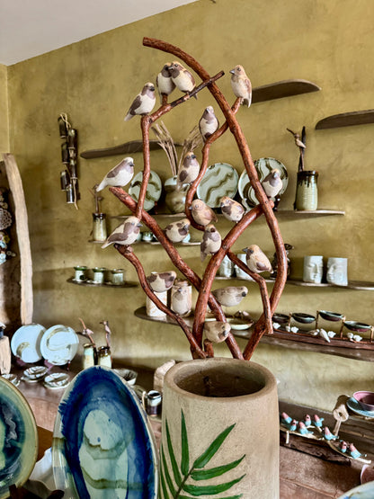 Hand-painted Woodstone Vase with Birds on Vines