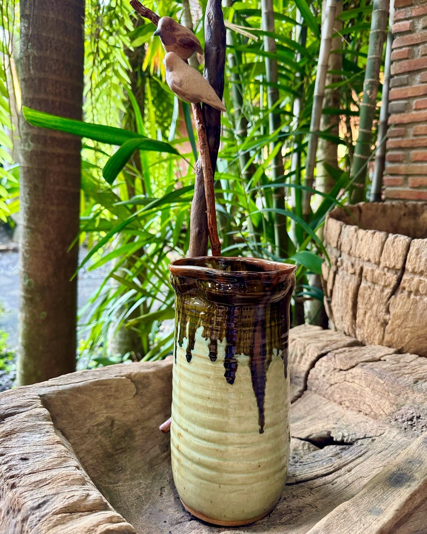 Birds on Vines and Driftwood Vase