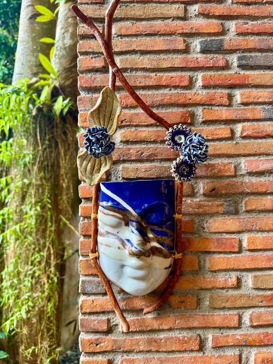 Mask w/ Flowers Wall Hang (Blue & Reddish Brown on White Glaze)