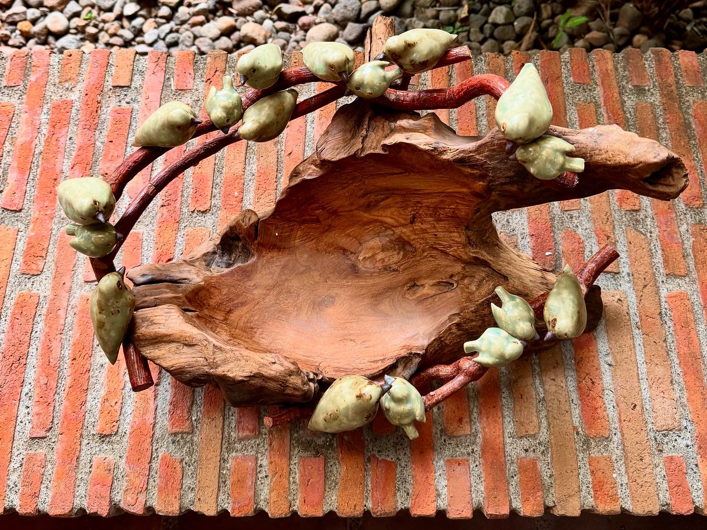 Teak Wood Bowl with Ceramic Birds on Roots Tabletop