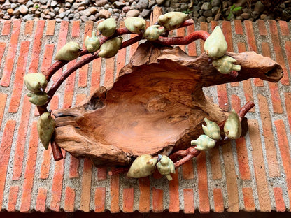 Teak Wood Bowl with Ceramic Birds on Roots Tabletop