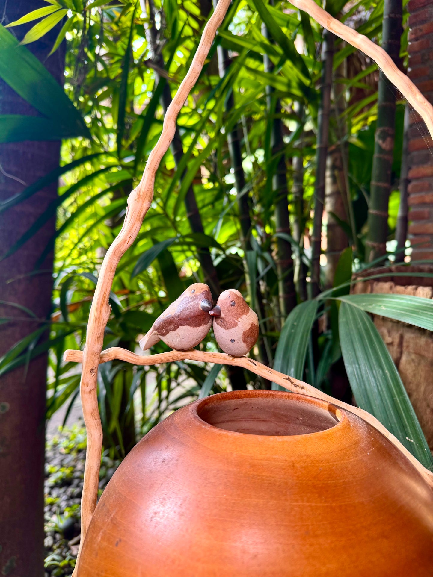 Teakwood Vase with Ceramic Birds