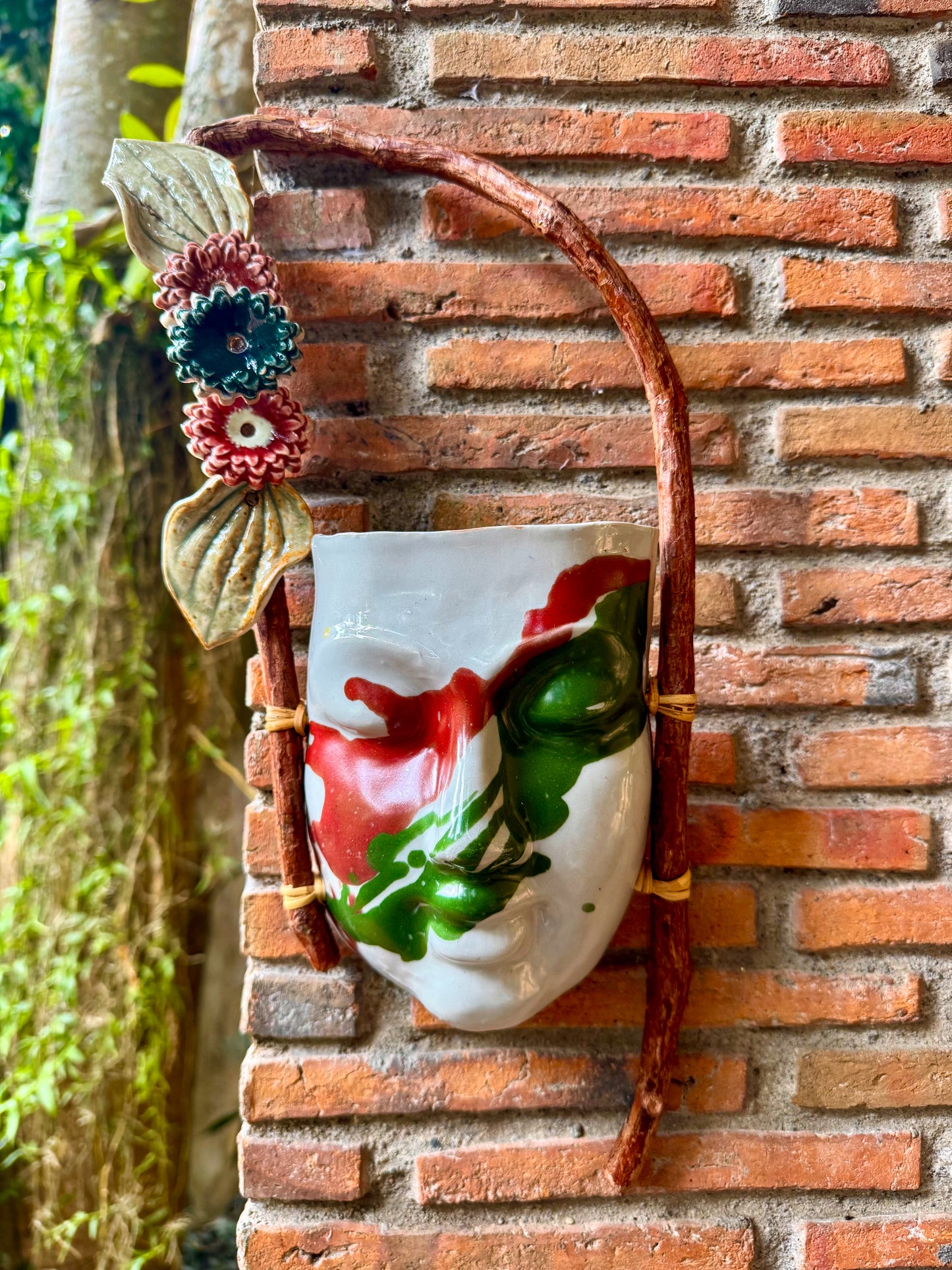Mask w/ Flowers Wall Hang (Red & Green on White Glaze)