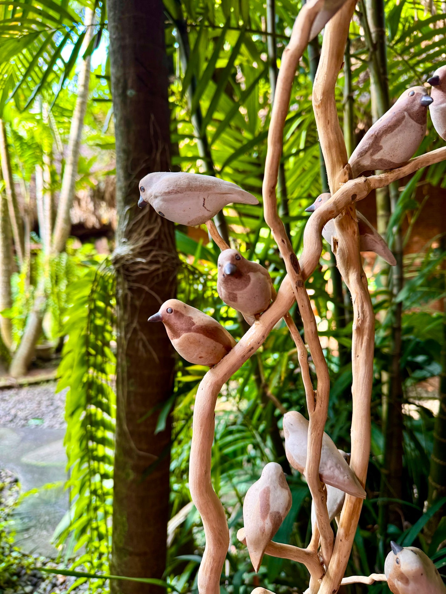 Hand-painted Woodstone Vase with Birds on Roots