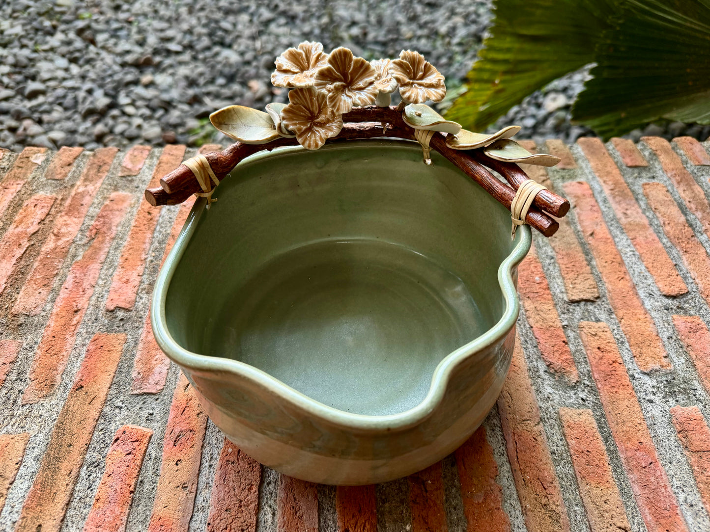 Orange Gumamela on Vines Celadon Bowl (Medium)