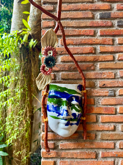 Mask w/ Flowers Wall Hang (Blue & Green on White Glaze)