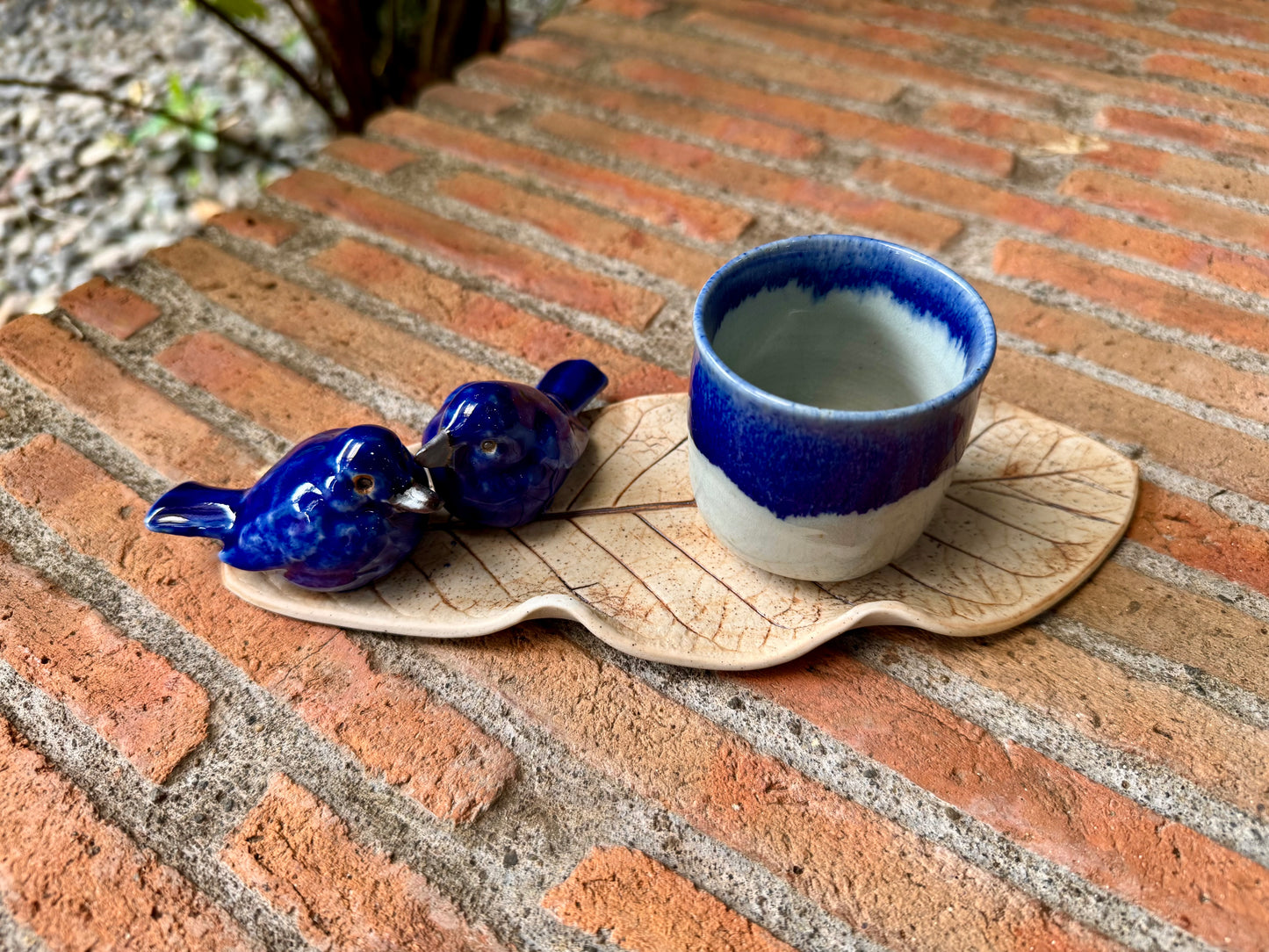 Blue Birds on Leaf Coaster / Candle Holder / Paper Weight / Tabletop