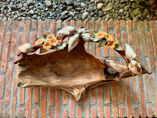 Teakwood Bowl with Ceramic Birds and Flowers Tabletop