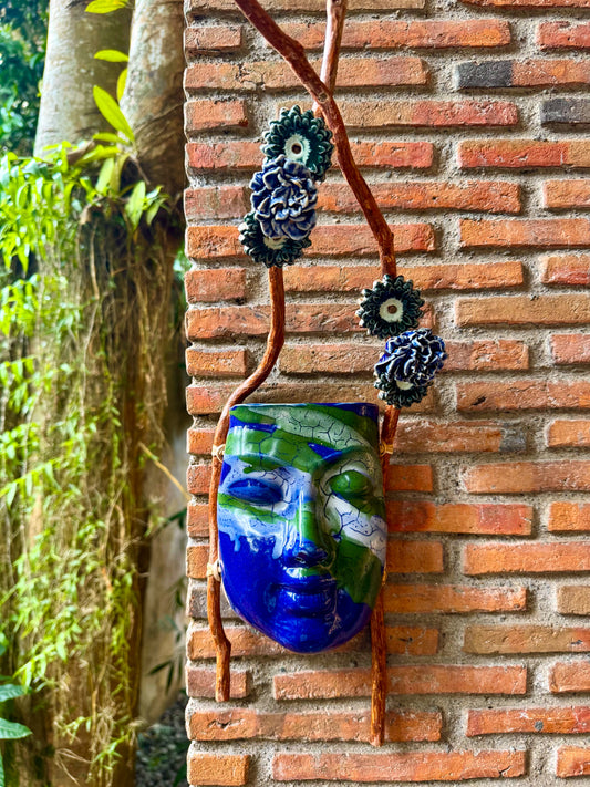 Mask w/ Flowers Wall Hang (Green & White on Blue Glaze)