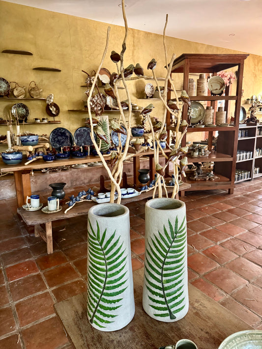 Hand-painted Woodstone Vase with Glazed Birds on Roots