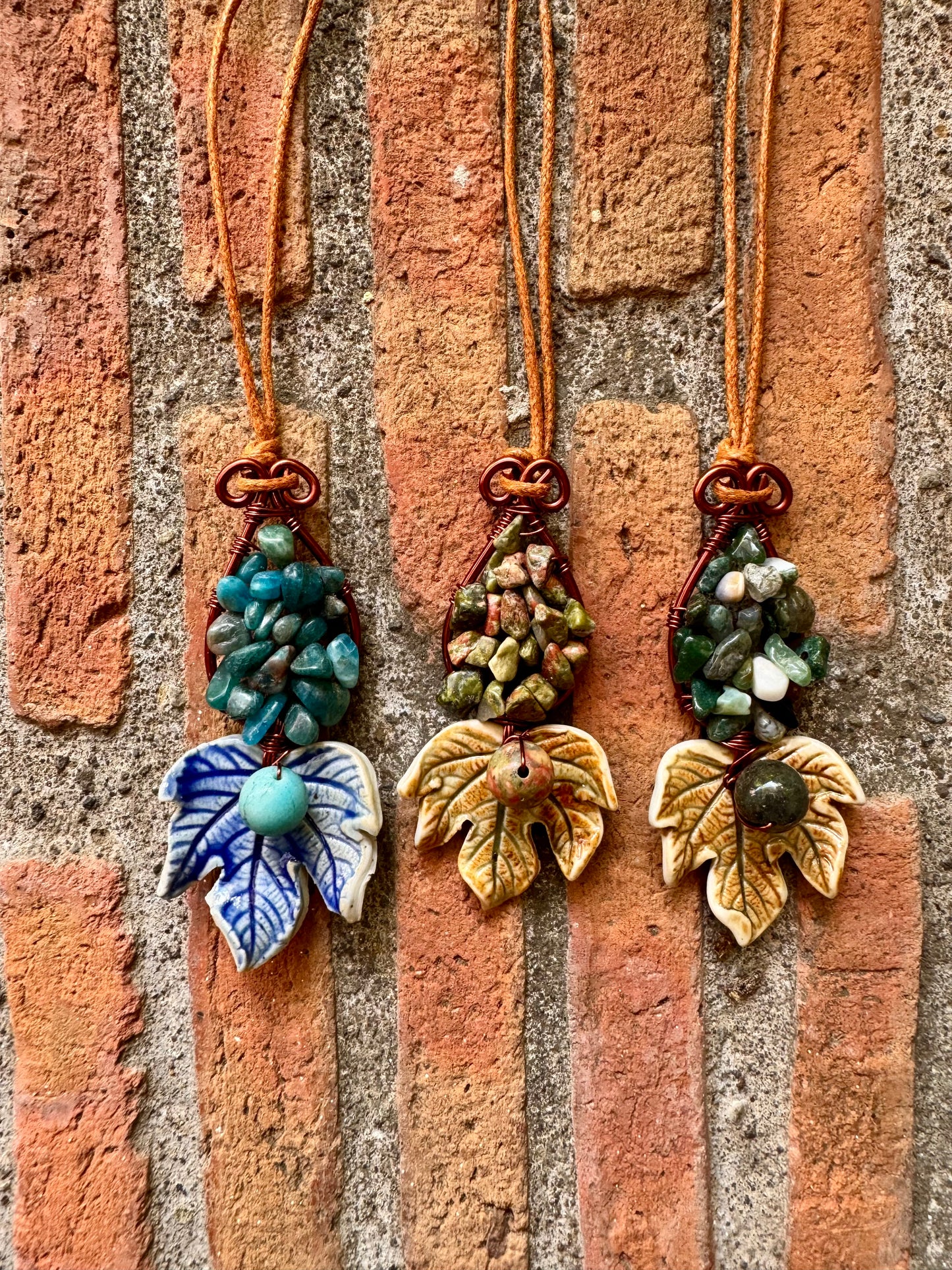 Ceramic Leaf w/ Semi Precious Stones Necklace