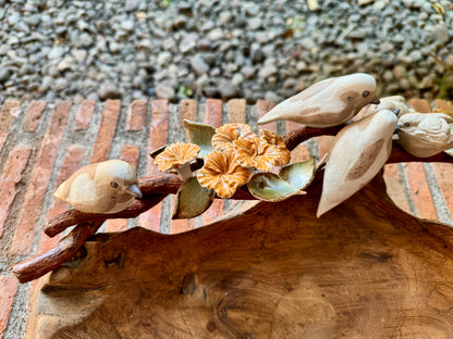 Teakwood Bowl with Ceramic Birds and Flowers Tabletop