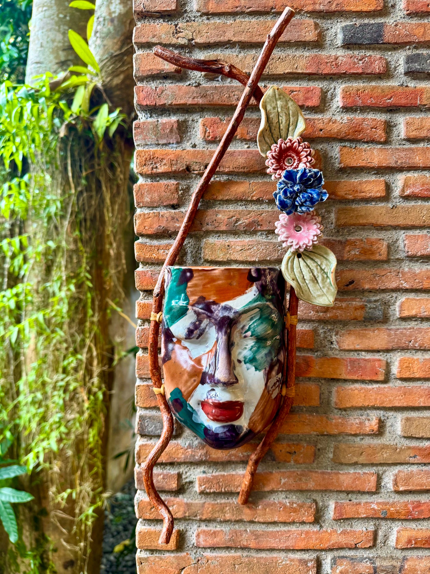 Mask w/ Flowers Wall Hang (Multicolored Glaze)