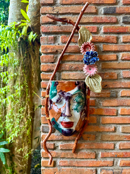 Mask w/ Flowers Wall Hang (Multicolored Glaze)