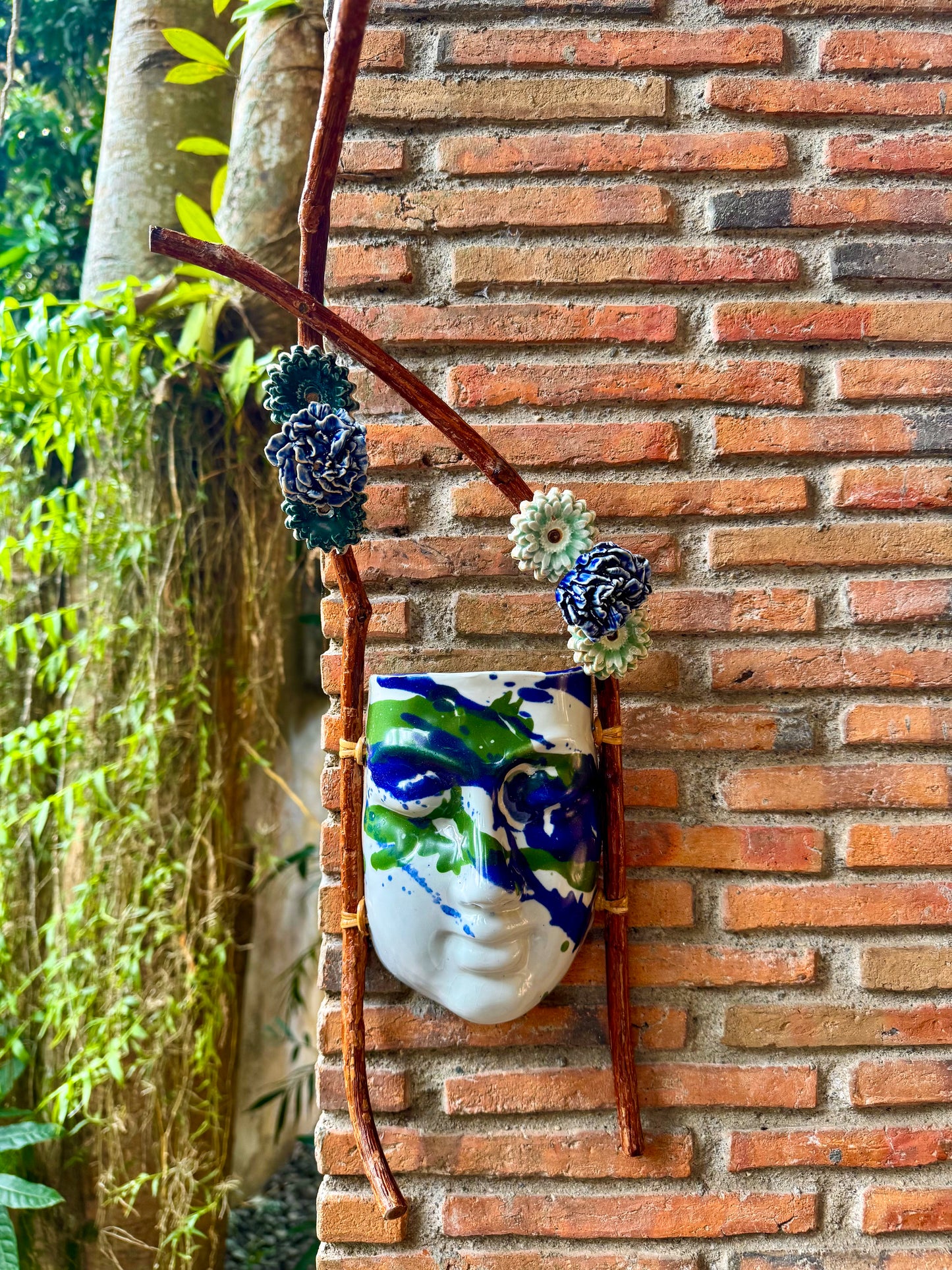 Mask w/ Flowers Wall Hang (Blue & Green on White Glaze)