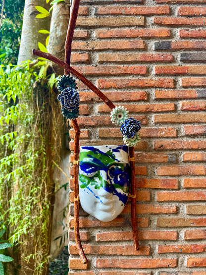 Mask w/ Flowers Wall Hang (Blue & Green on White Glaze)