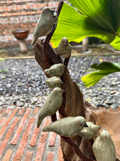 Teak Wood Bowl with Ceramic Birds on Roots Tabletop