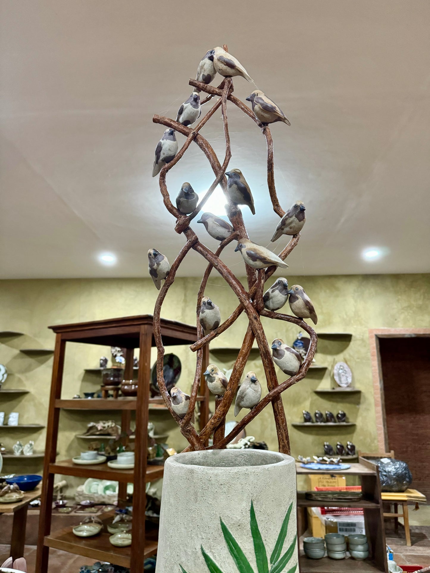 Hand-painted Woodstone Vase with Birds on Vines