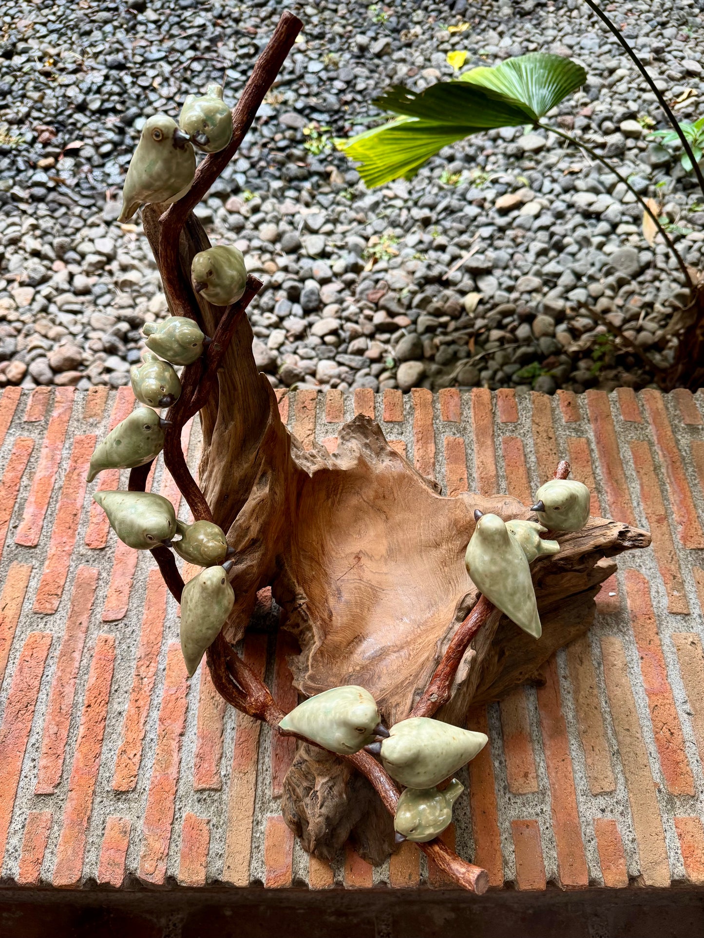 Teak Wood Bowl with Ceramic Birds on Roots Tabletop