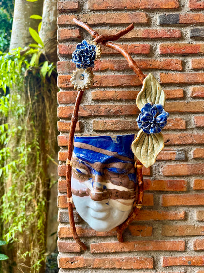 Mask w/ Flowers Wall Hang (Blue & Reddish Brown on White Glaze)