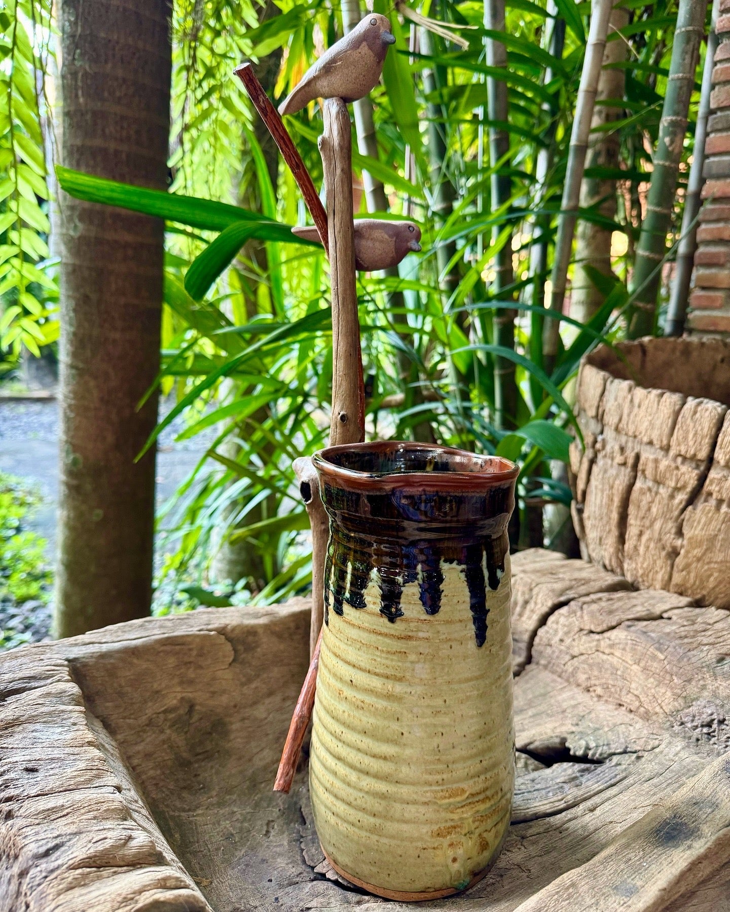 Birds on Vines and Driftwood Vase